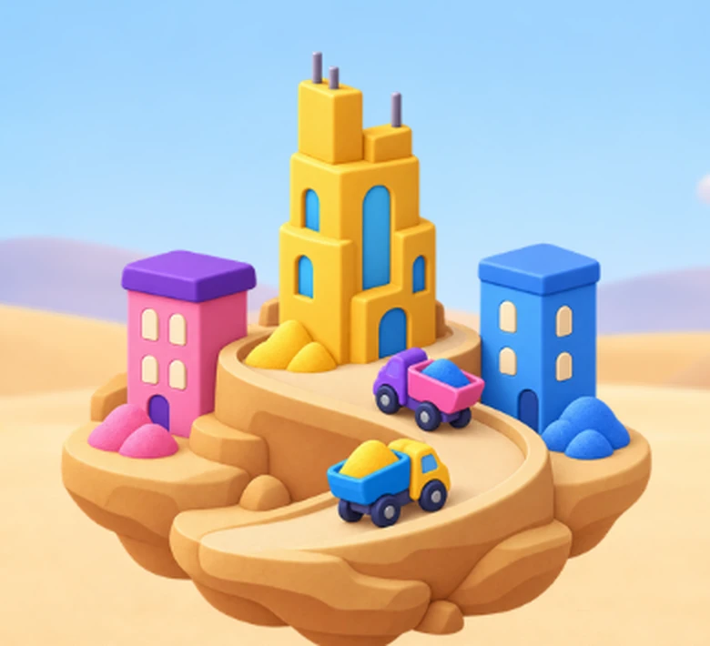 Colorful clay buildings, a golden sandcastle and toy trucks from the game's home artwork