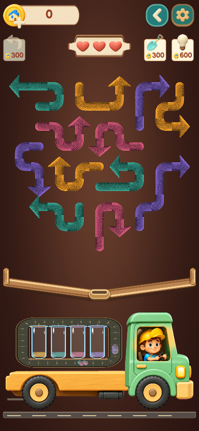 Actual gameplay showing four colors of tangled arrows above a green truck and matching jars