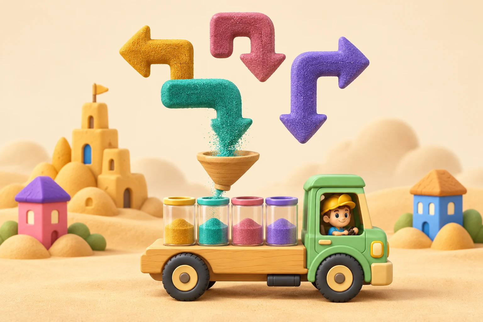 Clay-style sand arrows, collection jars and a little green truck beside a sandcastle