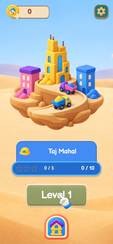 Actual home screen with a colorful clay building collection and Level 1 button