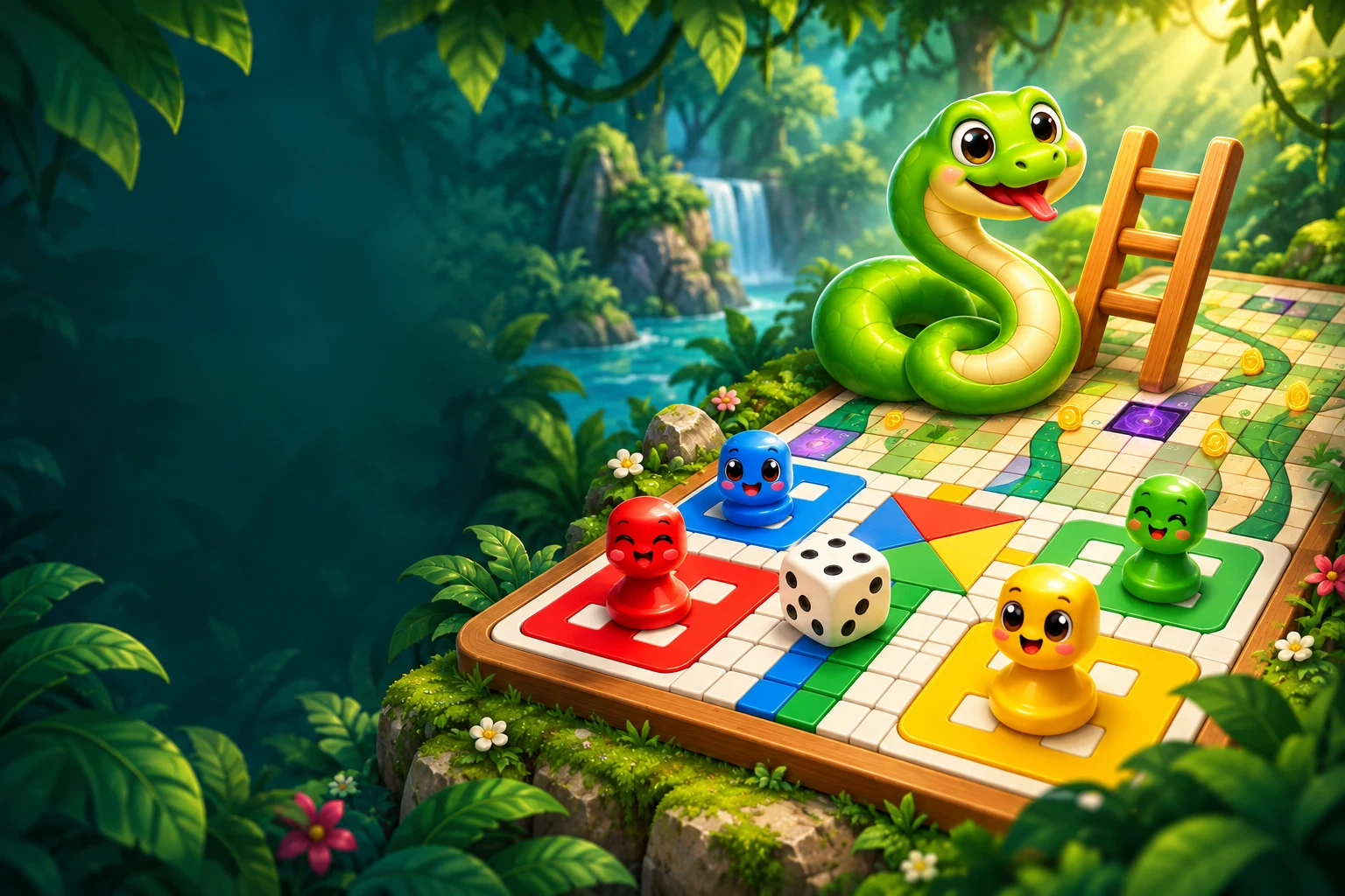 Ludo and Snakes & Ladders boards in a bright jungle world