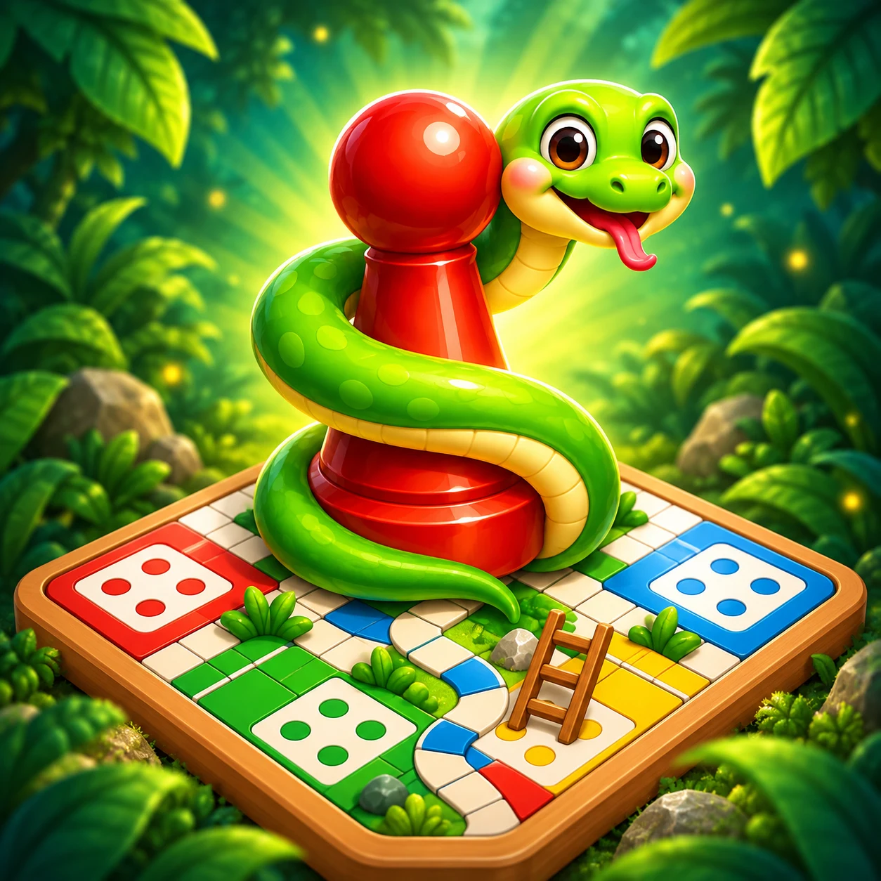 Friendly green snake wrapped around a red pawn on a colorful board